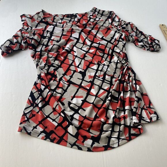 Alfani Blouse Womens M Black Red Geometric Print Short Ruched Sleeve Stretch - Picture 7 of 12